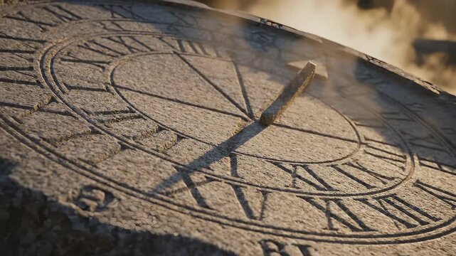 Close-up of a weathered stone sundial with Roman numerals, time concept.
