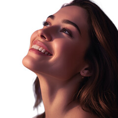 A woman with a bright smile and radiant skin looking upward with a joyful expression on her face on transparent background