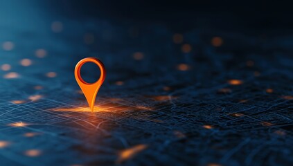 Orange location pin marking a specific spot on a blue digital map with glowing lights, representing navigation and travel technology