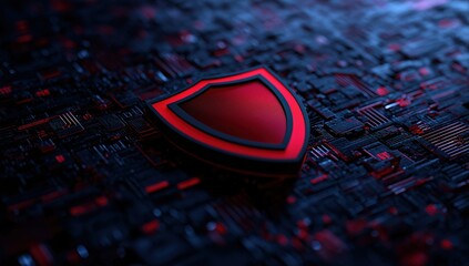 Red shield icon standing on a dark, abstract circuit board, representing digital data protection, antivirus, and firewall technology