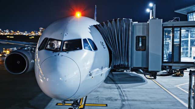 Airplane at airport terminal at night