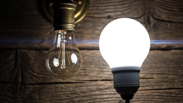 Comparison of vintage incandescent and modern LED light bulbs on wooden background illustrating energy efficiency and technology evolution