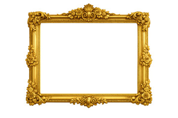 Ornate gold antique picture frame with rococo engraving detail, rich vintage border design on transparent background