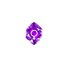 A precious purple gemstone with a female symbol engraved on it on transparent background
