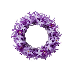 A beautifully arranged circular wreath made of delicate purple orchids with a black background on transparent background