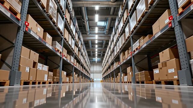 Modern warehouse interior with shelves and cardboard boxes representing logistics supply chain and distribution industry

