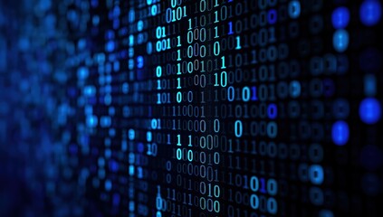 Binary code numbers flowing on a dark background, illustrating digital data, cybersecurity, and computer technology