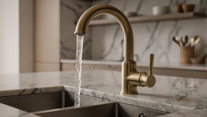 Gleaming gold faucet pours water into a stainless steel sink, marble counter and cabinets in background