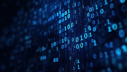 Binary code numbers are flowing on a dark blue background, symbolizing technology, data stream, and cybersecurity concepts