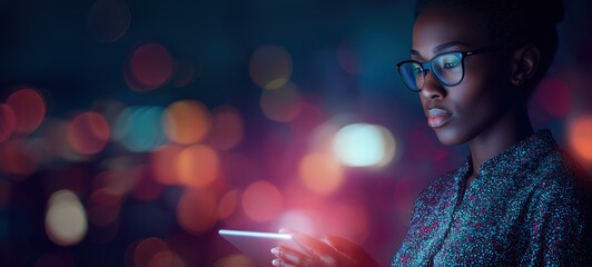 Black businesswoman browsing data on a glowing tablet screen, working late with city lights blurring in the background. Digital technology concept