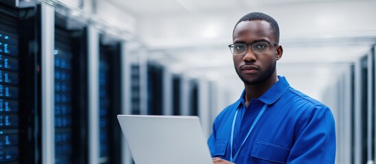 Male IT technician working in a server room, managing network infrastructure and cybersecurity. Responsible for data storage