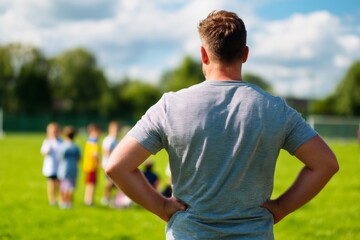 Fototapeta premium Coach Observing Young Athletes During Sports Practice on a Bright Day