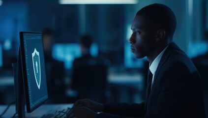 Young man in a suit entering data on a computer with a data security shield icon, showing digital defense