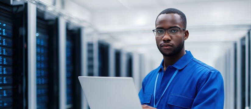 Male IT technician working in a server room, managing network infrastructure and cybersecurity. Responsible for data storage - Powered by Adobe