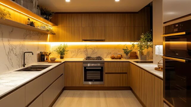 A modern kitchen showcases light wood cabinets, marble counters, and warm lighting