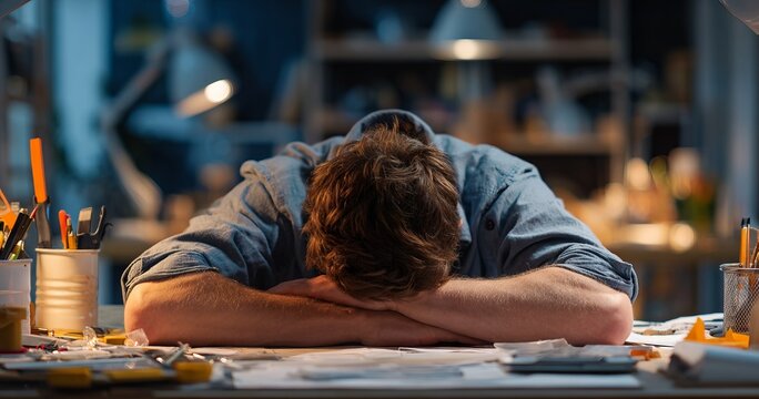 Exhausted Worker Slumped Over Desk Surrounded by Tools in Dimly Lit Workspace