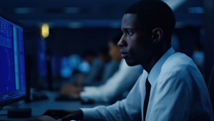 Young professional male concentrating on computer screen in a dark, modern office environment, performing data analysis or cybersecurity tasks