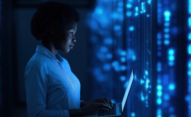 Young woman IT specialist managing data center network, checking server racks with laptop, ensuring cybersecurity and cloud computing