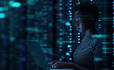 Young woman IT technician analyzing network operations in a dark server room, managing cloud computing and cybersecurity