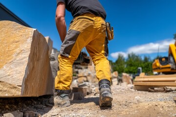 Manual Worker Breaking Large Rock in Quarry Under Clear Blue Sky