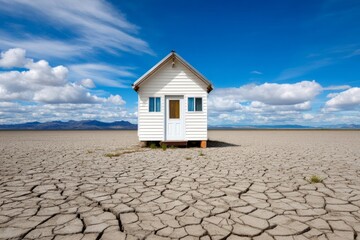 Small White House Standing Alone on Cracked Dry Land Under Blue Sky