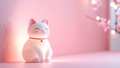 柔らかなピンクの光に包まれた、白い招き猫のミニマルな日本風イメージ。幸福や縁起の良さを表現した、シンプルで使いやすい背景素材。