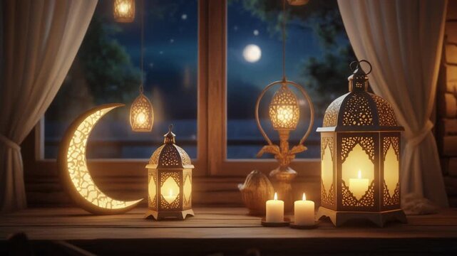 Ramadan Kareem celebration with illuminated lanterns and crescent moon window decor.