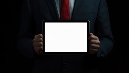 Naklejka premium Businessman holding a tablet with a blank white screen, offering a clean template for digital content and mockups
