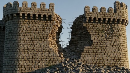 Destroyed Castle Wall Breach, Crumbling Stone Fortress, Medieval Ruin