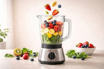 Side view of a blender as fresh fruit and greens fall inside, with cut ingredients on a kitchen counter