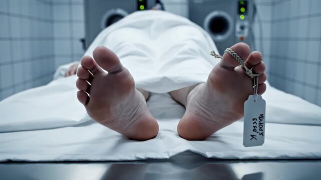 Body on examination table in morgue