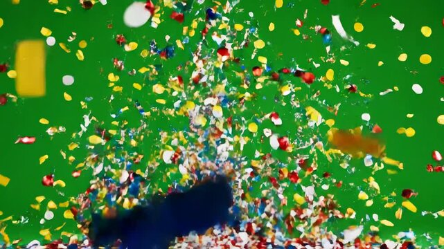 Colorful confetti falling against green background