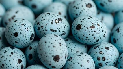 Obraz premium Close up of blue speckled bird eggs clustered together in natural light