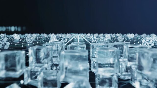 Futuristic network visualization with glowing nodes and connections on dark background with crystal structures