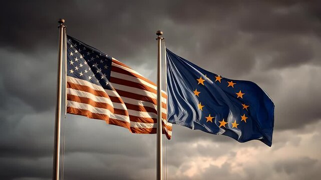 European Union and United States flags under heavy clouds