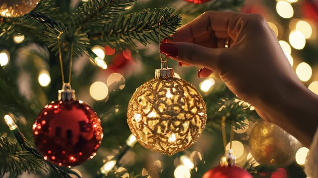 Hand decorating Christmas tree with ornaments