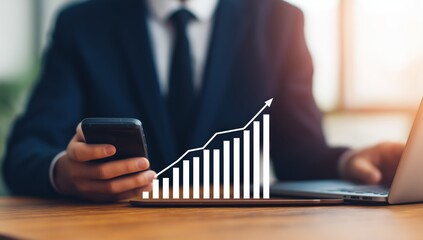 Business person holding a smartphone and working on a laptop, analyzing a virtual bar graph showing increasing financial success