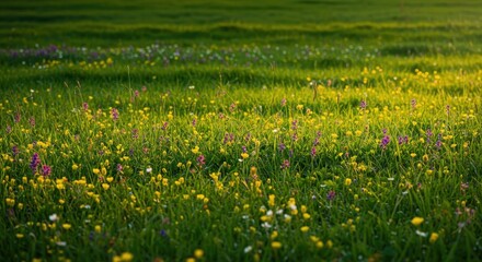 A breathtaking landscape view of a lush, vibrant green meadow carpeted densely with colorful wildflowers and delicate spring blossoms, lush, beautiful, daylight