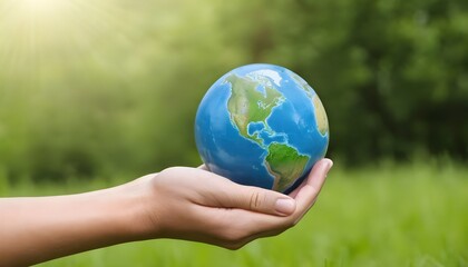 Hand holding globe, environment, ecology concept, save the world, conservation, co2, climate, forest green grass background, created with generative ai