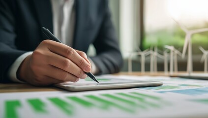 Business person analyzing financial data and wind turbine models, working on sustainable energy and eco-friendly investment