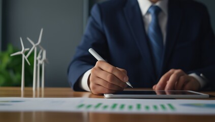 Professional man in a suit working on a tablet, analyzing financial data for renewable energy and wind power projects