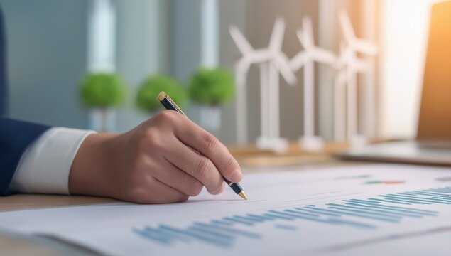Business hand writing on financial document, planning sustainable green energy for future development, with blurry wind turbines - Powered by Adobe