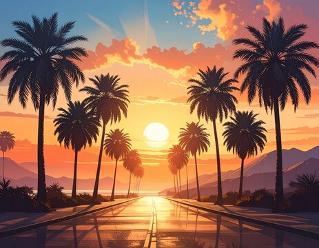 Sunset Avenue - A Stunning Coastal Road Lined with Palm Trees Under a Vibrant Sky.