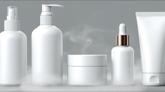 Blank white cosmetic bottles set mockup luxury skincare packaging including lotion pump spray serum dropper cream jar and tube with fog and lens flare effects