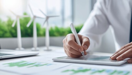Businessman writing on a tablet, analyzing green energy plans and sustainability reports with wind turbine models on the desk