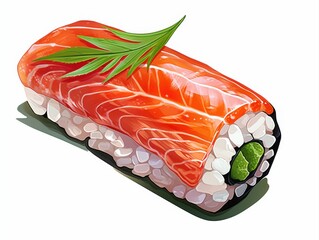 Clean watercolor illustration of a salmon sushi roll with rice and green filling, isolated on white for Japanese food and seafood concepts.
