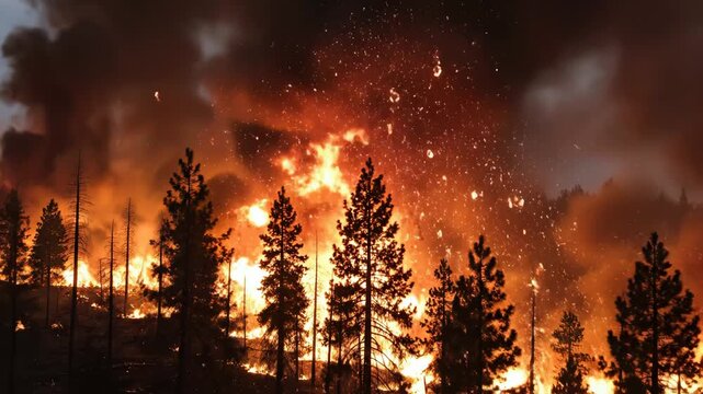 Forest fire burning tall trees