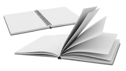 Open Blank Notebooks, Spiral and Bound, White Pages Isolated on White Background