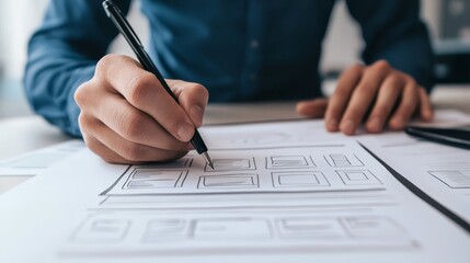 Creative individual sketching on paper artistic hand at work producing original art detailed drawing process illustrates artistic expression and creativity in studio environment.