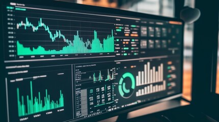 In depth financial data analysis displayed on computer monitor with multiple dynamic graphs and charts for business insights.